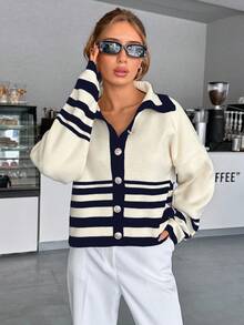 EURMUSE Women Stripe Pattern Front Button Collar Neck Cardigan - Navy Blue - View 4