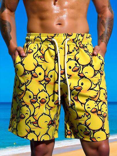 Manfinity VDAYZ Men's Casual Fashion Yellow Duck Print Beach Shorts,Suitable For Summer Men Swim Trunks,Hawaiian Summer