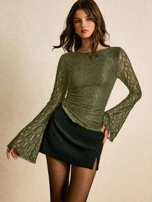 Poéselle Women's Round Neck Long Sleeve Lace Fitted Fashion T-Shirt - Army Green - View 7