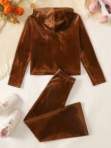 2pcs Tween Girls Casual Loose Comfortable Soft Letter Embroidered Hoodie Top And Flare Pants Set - Rust Brown - View 2