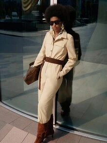 Lumivelle 休闲通勤简约百搭长袖女式连体裤 棕色连体裤 女士工作连体裤 - 杏色 - 查看 2