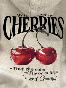 SHEIN Women's Slogan & Cherry Print Long Sleeve Thermal Lined Casual Sweatshirt, Autumn/Winter - Light Grey - View 6