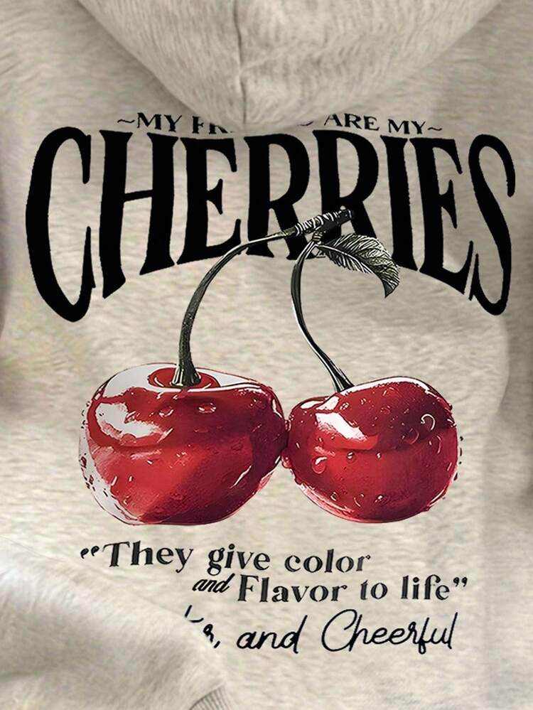 SHEIN Felpa casual con maniche lunghe, fodera termica, con stampa di slogan e ciliegie, adatta per autunno/inverno - Grigio Chiaro - Visualizzare 6