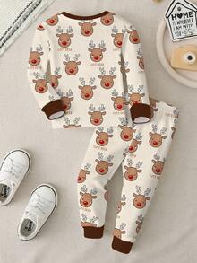 SHEIN Baby Jungen Lässige, modische, warme und bequeme klassische Weihnachts-Pyjama-Set mit Slim Fit Rundhalsausschnitt Langarmshirt und Hose, mit Motiven wie Weihnachtsbaum, Weihnachtsbär und Weihnachtsreh, geeignet für Herbst/Winter