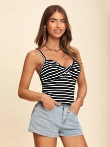 Coeurva Summer Beach Striped Twist Front Cami Corset Top - Black and White - View 1