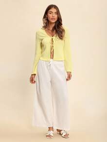 Coeurva Frilled Waist Solid Wide Leg Pants - White - View 3