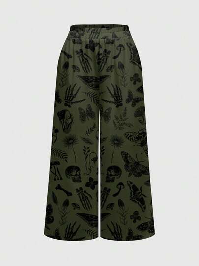 Women's Loose Wide Leg Pants With Mysterious Witch, Gothic Palace, Dark Skull, Moth, Bowknot, Mushroom Leaf, And All-Over Print