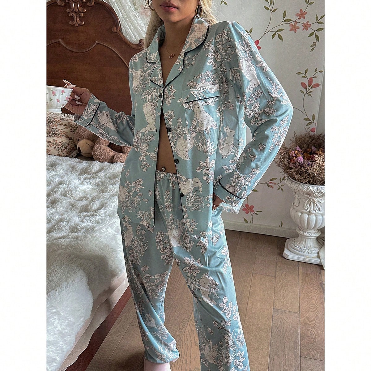 Conjunto de pijama de manga larga con estampado floral y de conejo, con cuello, ropa de otoño e invierno