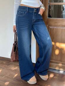 Siren Gaze 女式拉绒口袋宽腿宽松休闲牛仔裤 - 深色水洗藍 - 查看 4