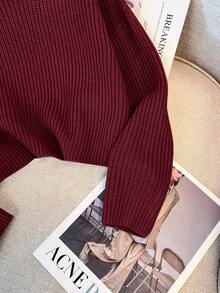 SHEIN Áo len cổ tròn tay dài họa tiết tối giản, rộng rãi, thoải mái dành cho bé gái tuổi teen, màu đỏ tía - Màu Đỏ Sâu - Xem 5