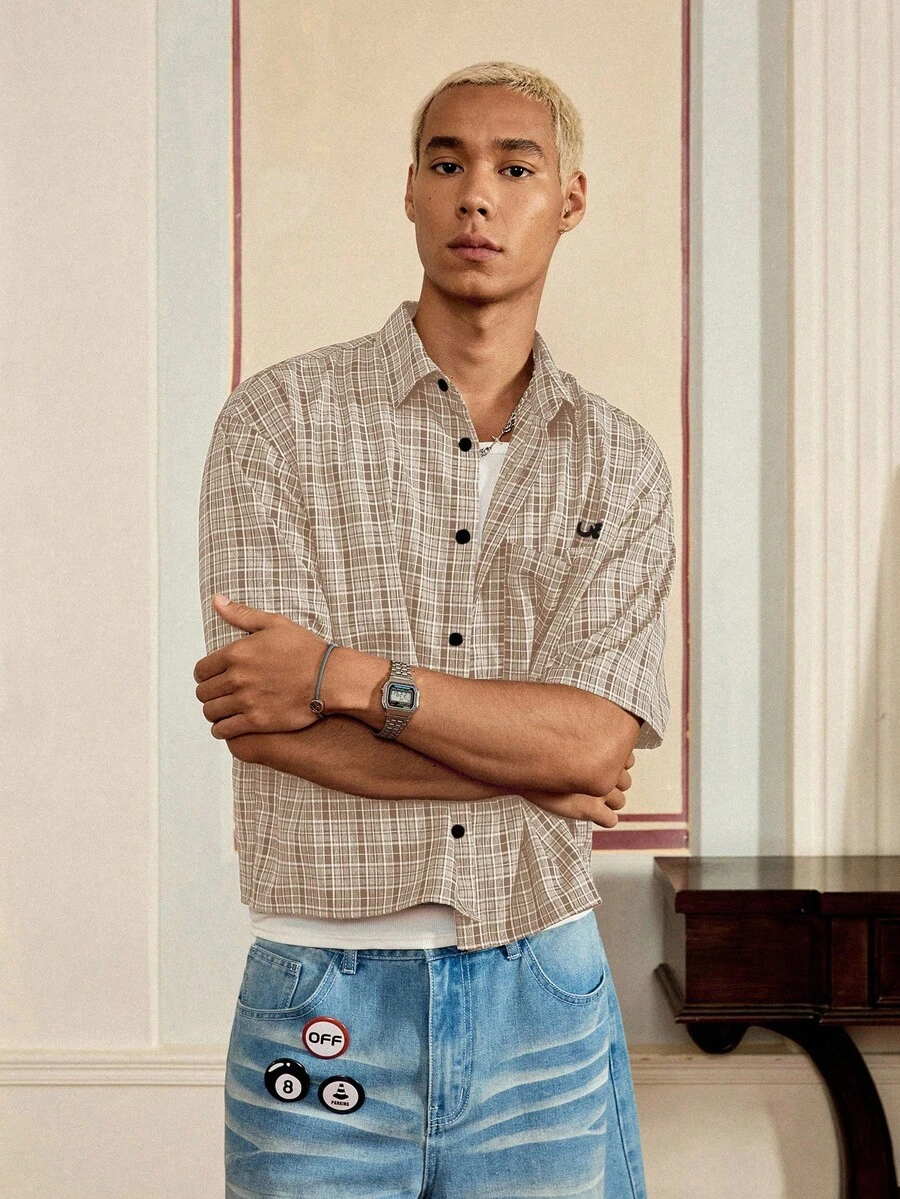SWAVVY Áo sơ mi nam dáng hộp rộng rãi, màu xanh và tím kẻ caro thêu theo phong cách Standard Fit - Màu Khaki - Xem 1