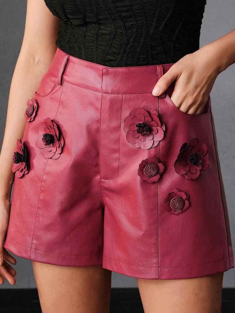 Women's Elegant Floral 3D Embroidered PU Leather Shorts, Suitable For Dates, Halloween, Autumn/Winter