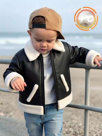 Baby/Baby Jungen/Mädchen gepolsterter Mantel, Wintermantel, PU-Leder Mantel, Fleece verstärkter Herbst- und Wintermantel, Kontrastfarbige Nähte Schwarz PU-Leder Motorradjacke, bequem für den täglichen Gebrauch, modischer Lässig Retro-Stil, geeignet für Innen, Außen, Alltag, Sport, Spiel, Party, Fotoshooting, Festival, Halloween, Weihnachten, Neujahr