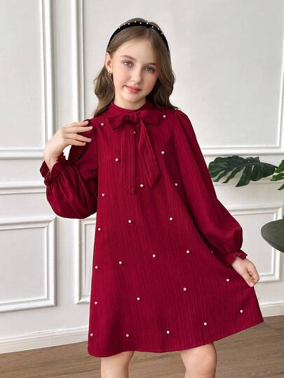 SHEIN Serisse Kids Vestido largo burdeos con decoración de perlas, vestido con gran lazo, vestido de niña para otoño/invierno, adecuado para atuendos elegantes de preadolescentes, regreso a la escuela, fiesta de cumpleaños, noche, actuación, boda, bautizo, ceremonia de apertura, escuela, viaje, Halloween, baile de graduación, concierto, Navidad, Año Nuevo