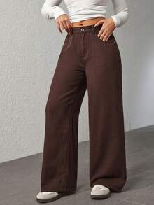 SHEIN PETITE Jeans casuales y versátiles de pierna ancha y bolsillos para mujer - Marrón - Ver 5
