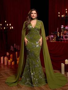 Glamrae Robe longue élégante et sexy verte à col ras-du-cou, col en V profond, ornée de strass et de sequins, manches longues en mousseline, ourlet sirène avec traîne drapée. Convient pour les mariages, les fêtes, les événements de célébration, les tenues de gala (design très orné) - Vert - Voir 3