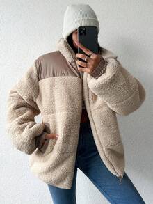 EURMUSE Contrast Panel Slant Pockets Teddy Puffer Coat - Apricot - View 6