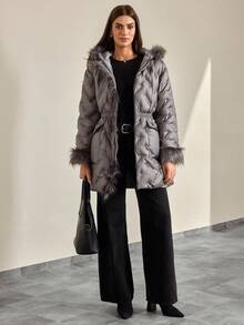 CLARA VERO Women's Padded Coat With Faux Fur Hood – Warm Winter Quilted Jacket - Dark Grey - View 3