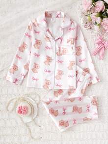 女童兔子蝴蝶结印花长袖上衣和裤子睡衣套装 - 彩色 - 查看 6