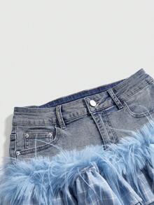 ROMWE Kawaii 可爱秋冬雪格子毛茸茸拼布低腰迷你牛仔蛋糕裙 - 藍色 - 查看 4