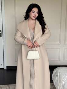Flirla 大码不对称领厚款花卉图案系带长袖外套 米色 - 杏色 - 查看 6