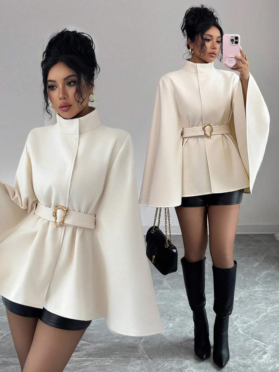 Elenzga Áo khoác ngoài thanh lịch cổ đứng màu trơn tay lửng cho nữ, mùa thu/đông - Màu be - Xem 1