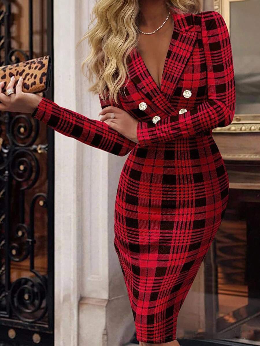 Balvessa 女式翻领长袖格子纽扣设计修身连衣裙 - 彩色 - 查看 1