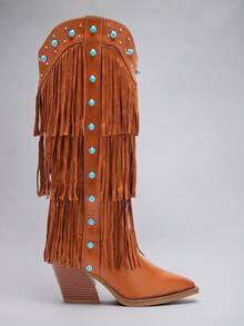 Solezae Ladies Studded Fringe Western Heeled Knee-High Boots - Brown - View 6