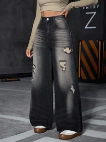 SHEIN Calça jeans feminina casual versátil, escura, desgastada, com perna reta