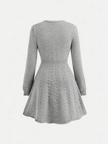 SHEIN Teen Girls' Gray Hollow Bowknot Decor Long Sleeve Knit Casual Dress Autumn Winter Clothes ForGirln - Light Grey - View 2