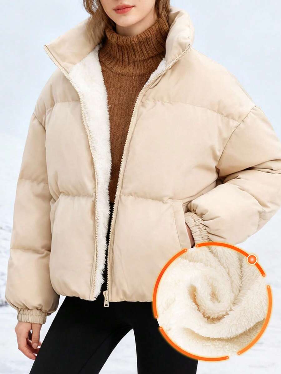 SHEIN 米色冬季辦公室青少年女孩編織立領寬鬆休閒口袋加厚外套,可愛青少年毛絨夾克秋季服飾 - 卡其色 - 查看 1