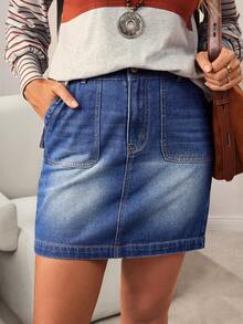 SHEIN LUNE Women's High Waist Pocketed Casual Denim Pencil Skirt - Blue - View 7