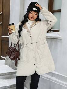 Calvaya Plus Size Quilted Long Sleeve Stand Collar Cinched Waist Padded Coat - Khaki - View 5