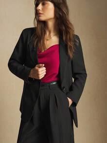 BizChic 2025 Autumn/Winter New Black Notched Collar Single-Breasted Pleated Waist Culottes Suit Jacket, Women Elegant Urban Commuter Daily Casual Romantic 90s Christmas New Year Outfit, Thanksgiving Party Beach Graduation Fashion Versatile Suitable For Wedding Guest, Host, Date, Party, Concert, Brunch, Airport