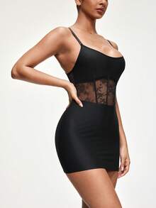 SHAPORA Women's Lace Patchwork Spaghetti Strap Bodycon Mini Sexy Nightgown Lingerie Slip Dress See Through Dress Faja Shapewear Built In Shapewear Dress - Black - View 1