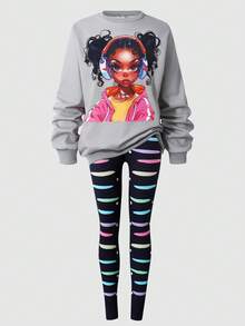 Tween Girl Hip Hop Graphic Print Sweatshirt And Colorful Moon Print Pants Set, Suitable For Street Style - Grey - View 5