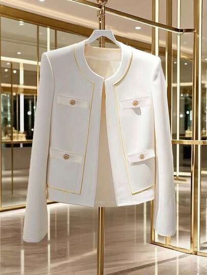 GlowEve Women's Solid Color Button Design Long Sleeve Elegant Jacket