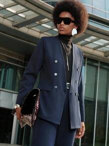 Lumivelle 2 件套高端西装套装，长袖夹克和裤子，专业通勤装 - 藏蓝色 - 查看 5