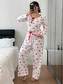 Napfluff CURVE Napfluff CURVE Plus Size Ribbed Strawberry Print Long Sleeve Top & Pants Pajama Set, Cozy Outfit, Fall Winter Clothes - Red - View 6