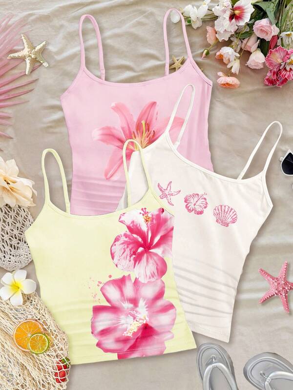 3 PiecesTween Girls Slim Fit Casual Sports Camisole Tank Top Sets Girls Summer Tank Tops Girls Floral Tank Tops Cute Tween Tank Tops Beach Tank Tops For Tweens Flower Tank Top