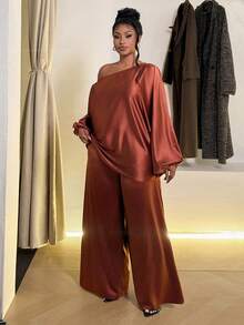 Maweii Set casual da 2 pezzi oversize con spalla asimmetrica e maniche lunghe