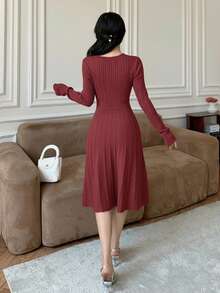 Modelyn Vestido de cuello redondo de manga larga con trenzado elegante de mujer - Burdeos - Ver 3