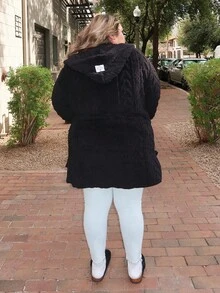 Enliva Melanieangelese Plus Size Coat With Barley Texture Jacquard Thermal, For Winter, For Apple Rounded Body Shape - Black - View 2