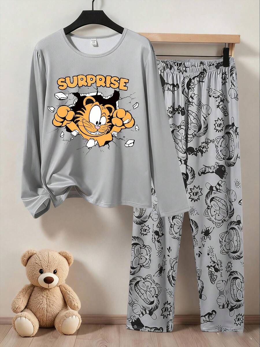 2pcs Boys' Grey Tiger Print Knit Fabric Comfortable Soft Long Sleeve Top And Pants Casual Loungewear Set - Multicolor - View 1