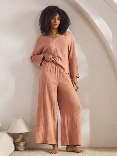 Ocili 100%纯棉女士纯色V领长袖上衣和裤子睡衣套装，棕色露背设计，适合外出穿着，舒适保暖，秋冬服装