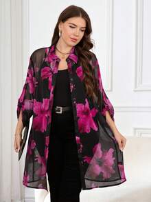 Reflora بلوزة شفافة مطبوعة بنقشة زهور أنيقة مقاس كبير