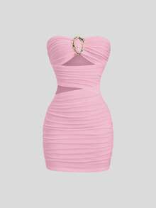 Sweetra Women's Sexy Fitted Strapless Metal Buckle Mini Dress - Pink - View 3