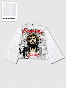 ROMWE MEN Street Life Men's Casual Fashion Street Jesus Pattern Rhinestone Flare Sleeve Pullover Hoodie, Spring/Autumn