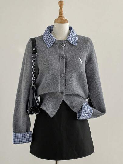 Sweetra Autumn/Winter New Pony Embroidery Plaid Patchwork 2 In 1 Stylish Loose Collegiate Long Sleeve Cardigan