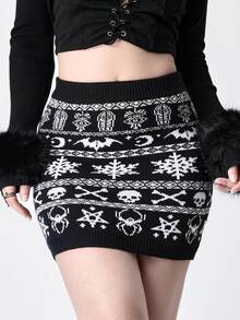 ROMWE Gothic Skull Intarsia Knit Bodycon Mini Skirt, Suitable For Winter & Christmas - Black and White - View 8